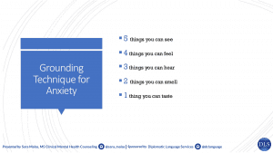 Grounding technique used during DLS wellness seminar on stress and anxiety